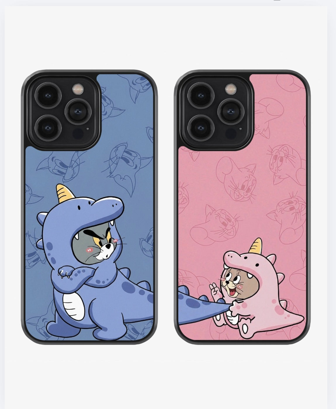 Cute Cartoon Dino Tom & Jerry Couple Set Glass Case