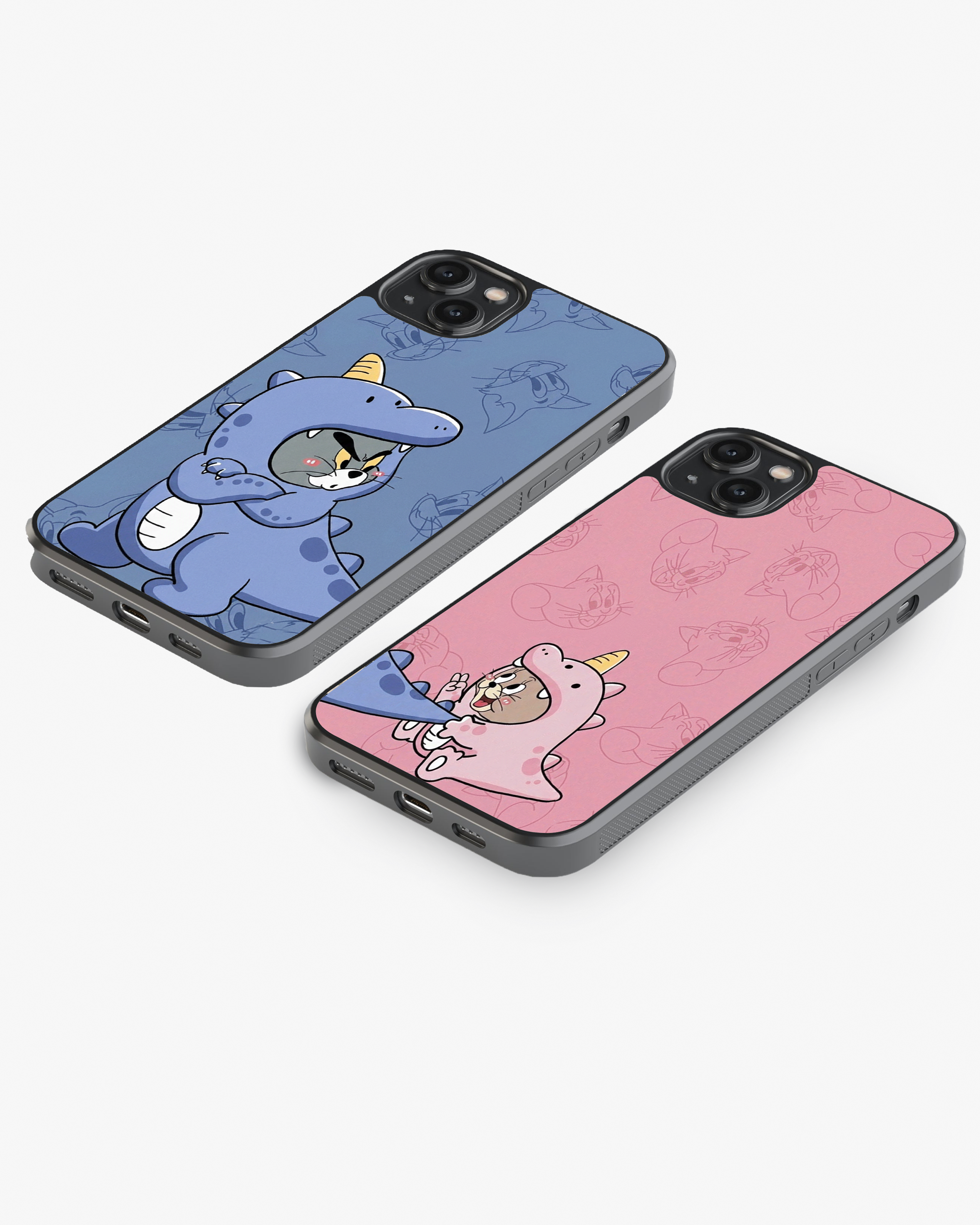 Cute Cartoon Dino Tom & Jerry Couple Set Glass Case