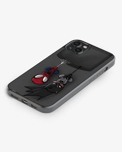 Pocket Heroes – Spider-Man & Batman Hanging Design Premium Phone Cover Glass Case
