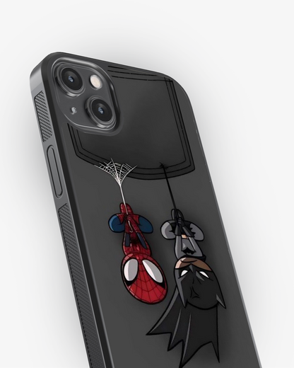 Pocket Heroes – Spider-Man & Batman Hanging Design Premium Phone Cover Glass Case