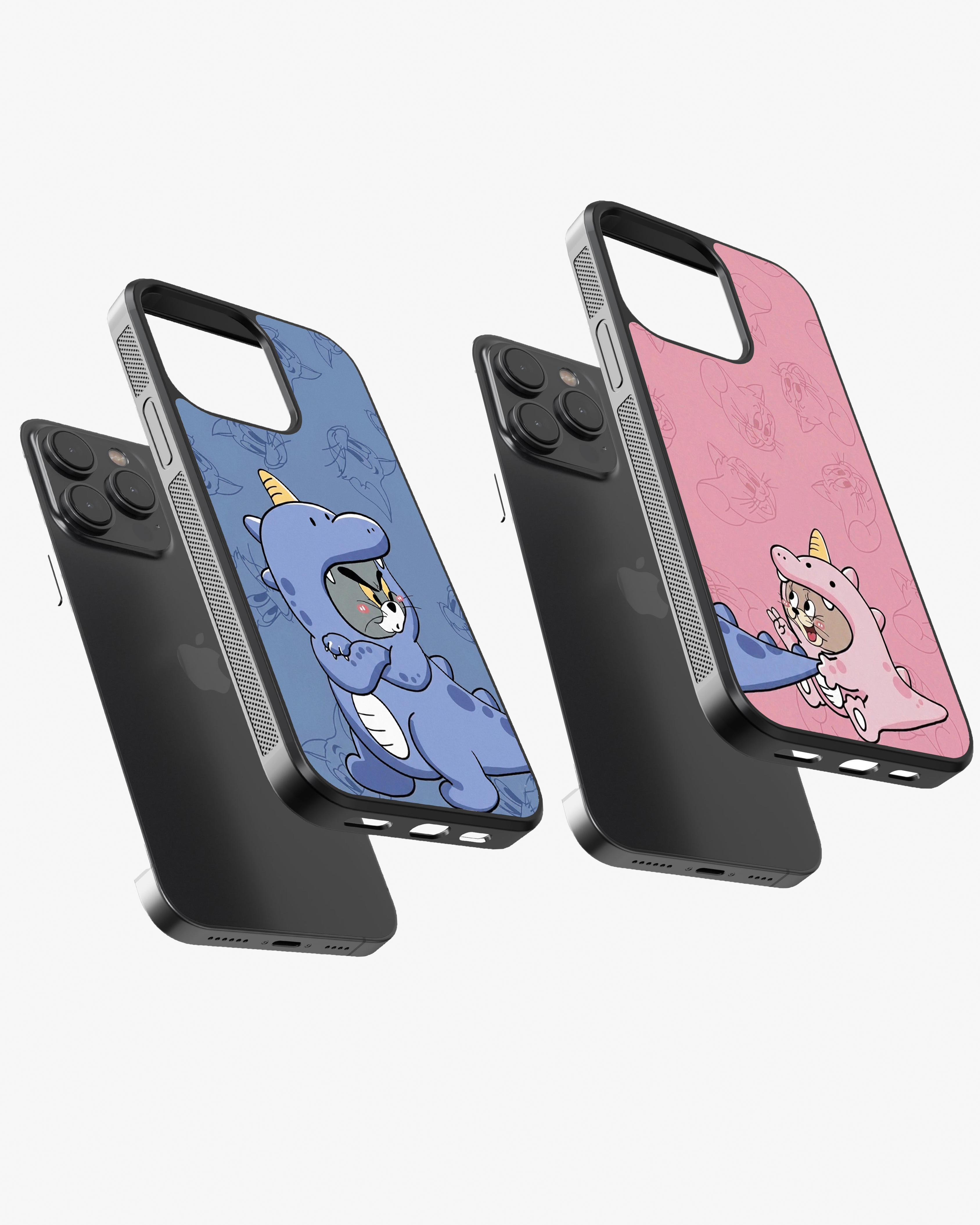 Cute Cartoon Dino Tom & Jerry Couple Set Glass Case