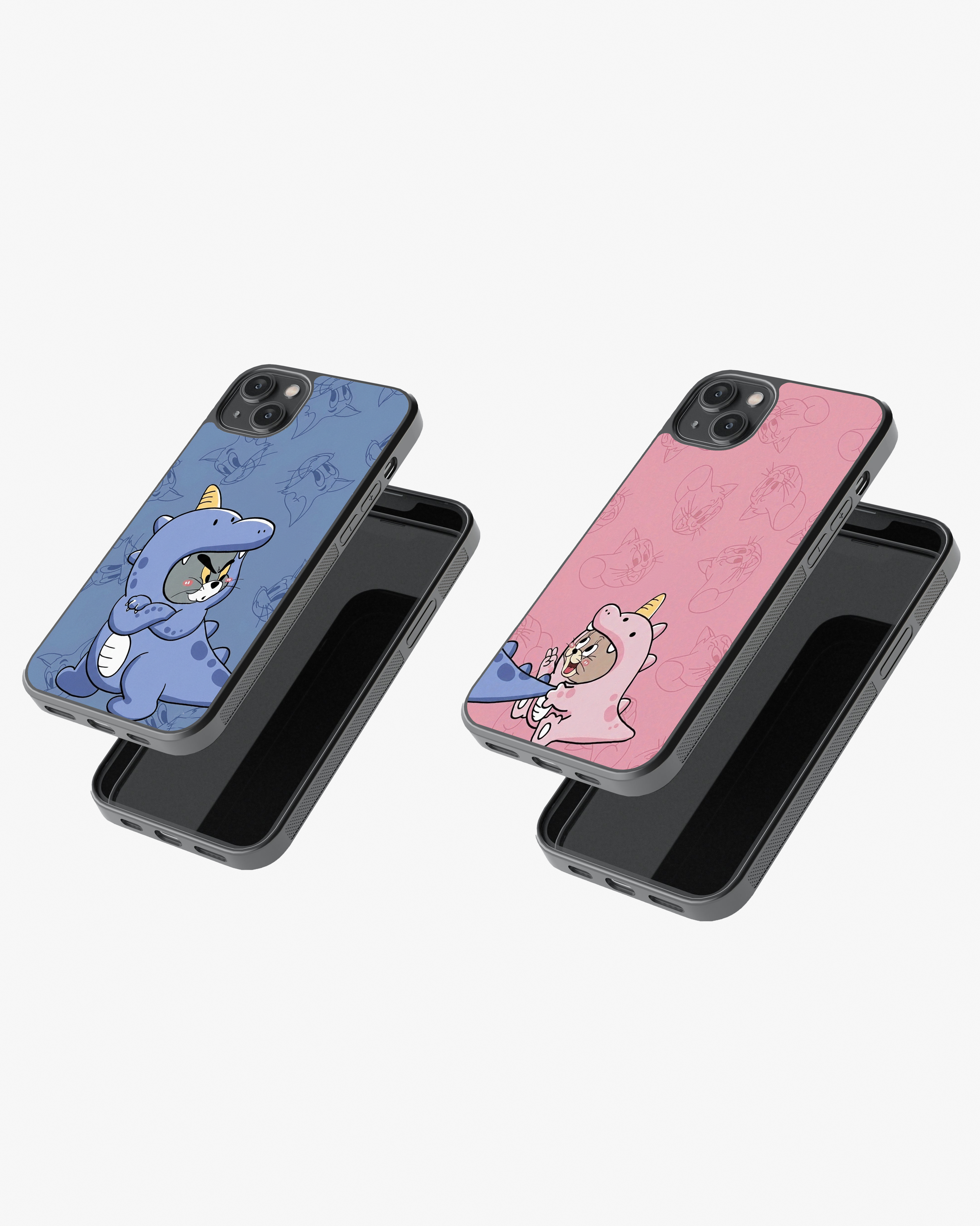 Cute Cartoon Dino Tom & Jerry Couple Set Glass Case